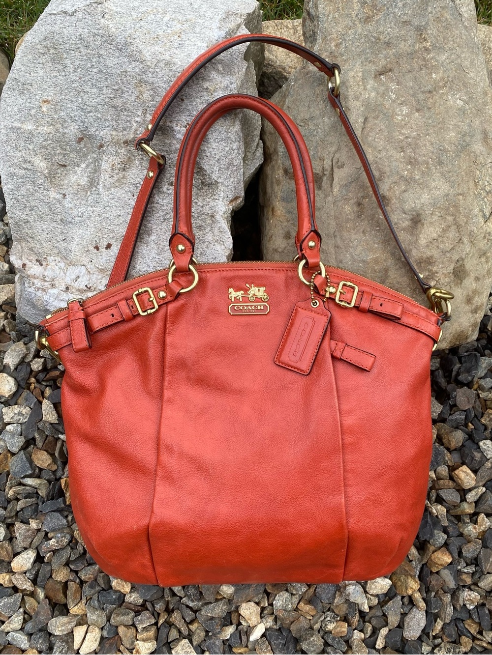 Coach Tumeric Leather Shoulder Bag with Brass Hardware Madison Lindsey Satchel